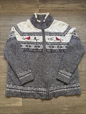 Northern Reflections | Grey and Cream Zip-Front Bird Embroidered Sweater Large